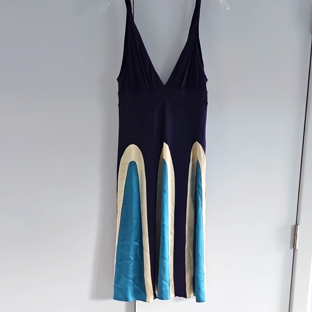 Tufi Duek Black and Blue Pleated Midi Sundress